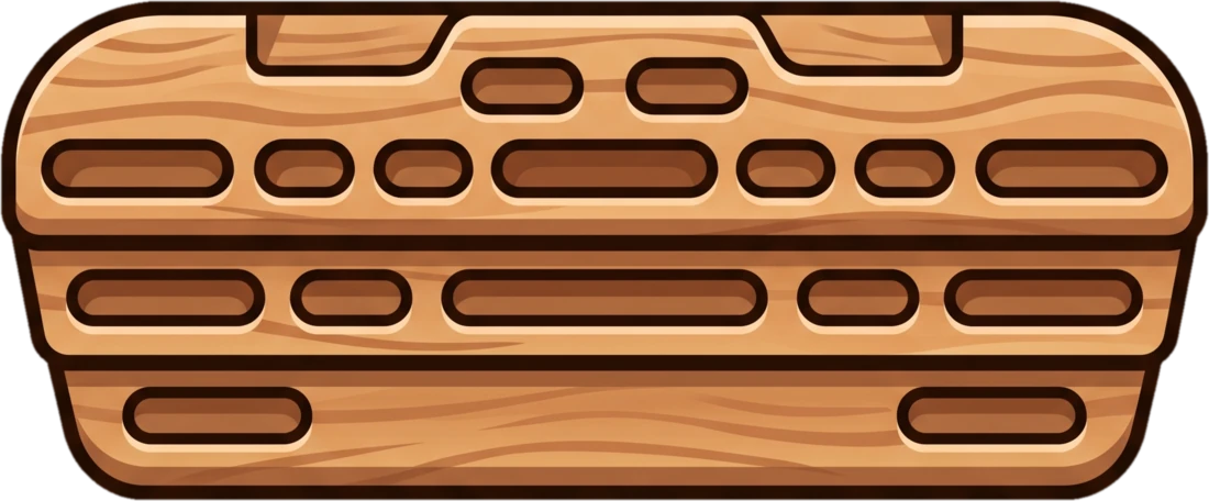 A wooden fingerboard with rows of edges and pockets.