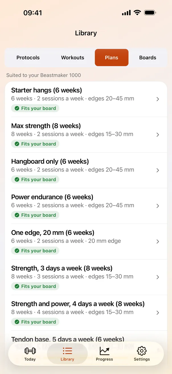Library plans tab: built-in plans listed best fit first, each marked Fits your board.