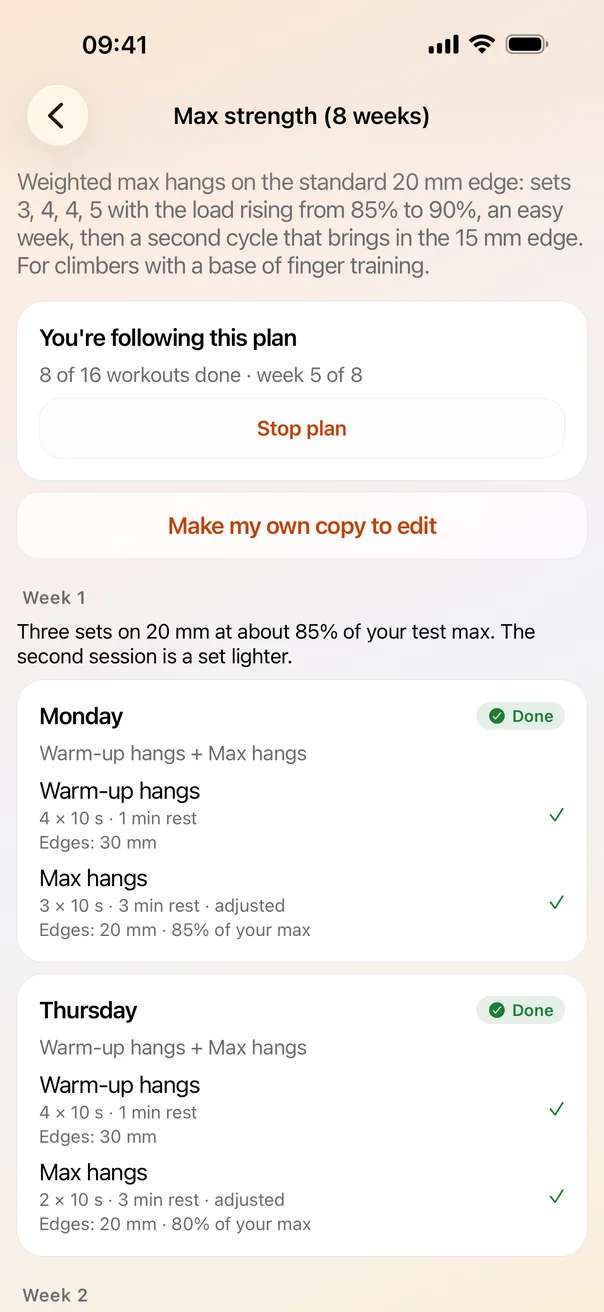 Plan screen: Max strength, eight weeks, with week 1 days marked Done and each day's protocols, edges and share of your test max.