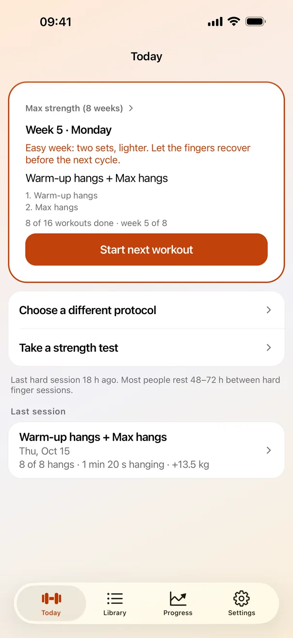 Today screen: a card for the next workout of the Max strength plan with its two protocols and a Start next workout button, then the last session below.